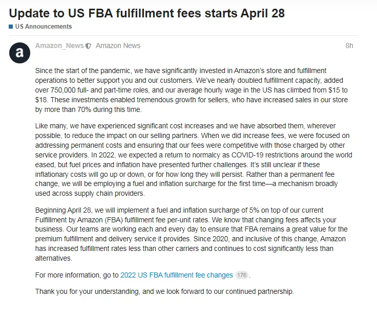 亚马逊将从4月28日起向使用FBA服务