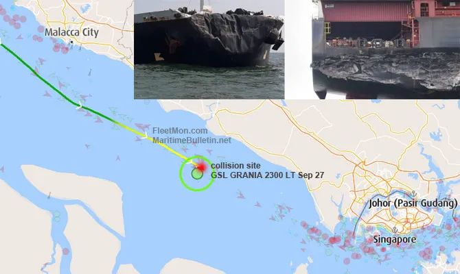 一大型集装箱船在马六甲海峡被油