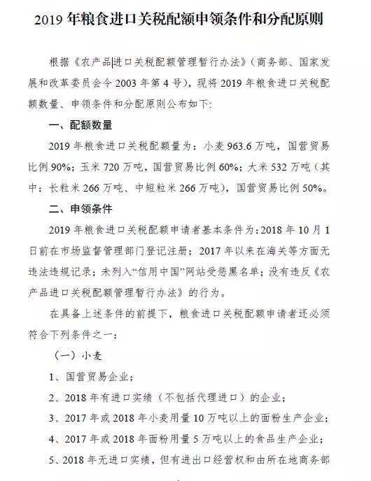 2019粮食棉花进出口报关申请配额出炉