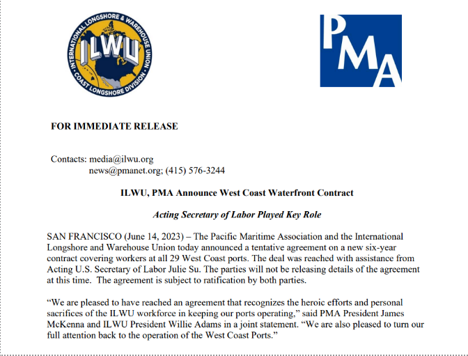 美西港口工人与工会达成六年新协议