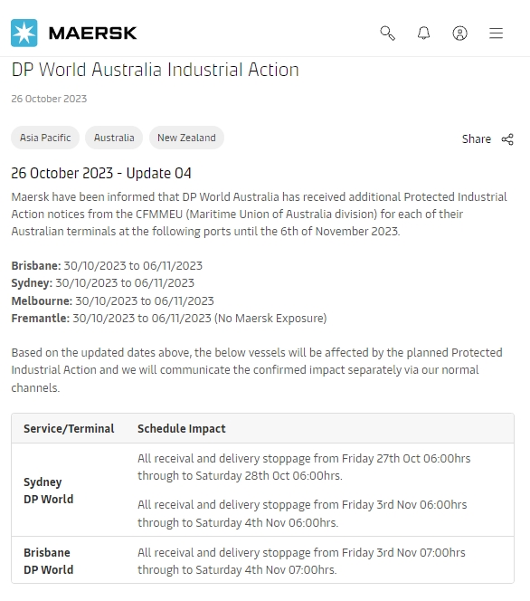 澳洲大罢工！马士基：物流严重延误！