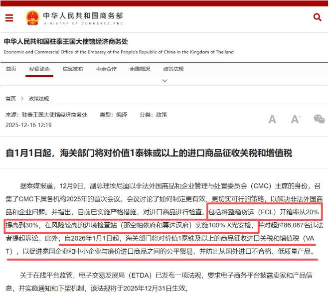 泰国查验率飙升，海关进行征税